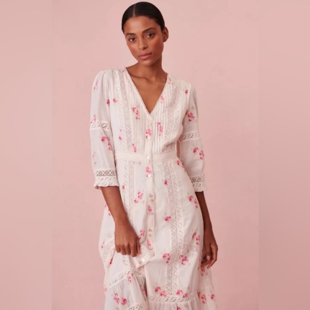 LoveShackFancy Desert Victorian Light Pink Floral Print Dress 2 small